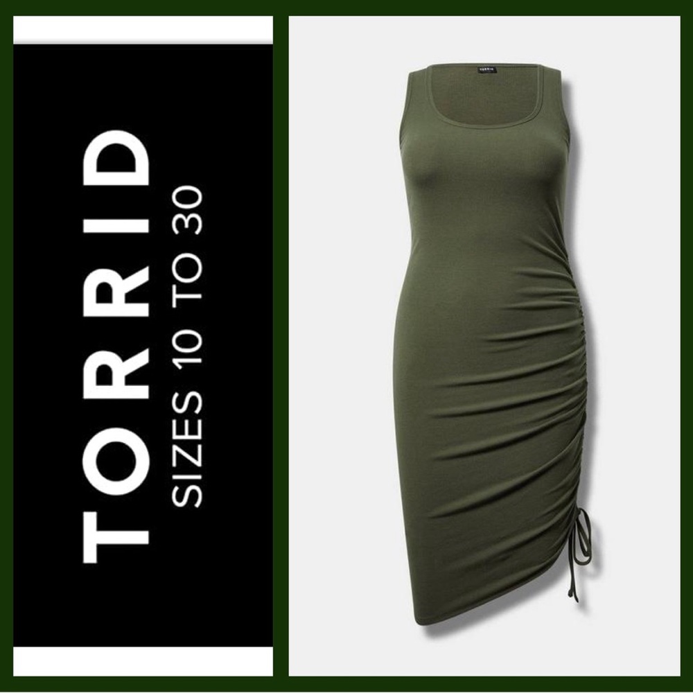 Torrid Olive Green Cinched Dress Ruched Scoop Neck NWT $66 - Picture 9 of 9